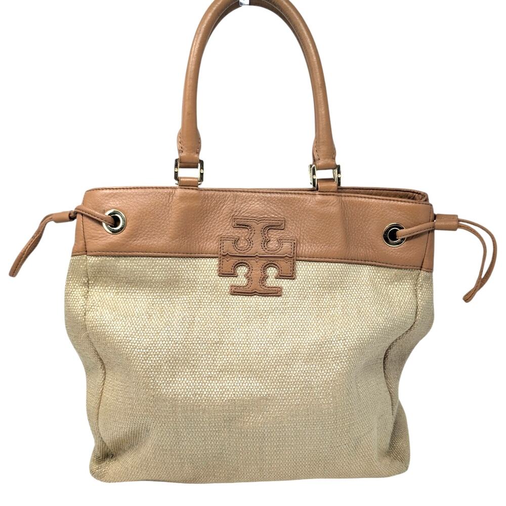 Tory Burch Straw Woven Tote Tan Leather Stacked T Logo Shoulder‎ Bag